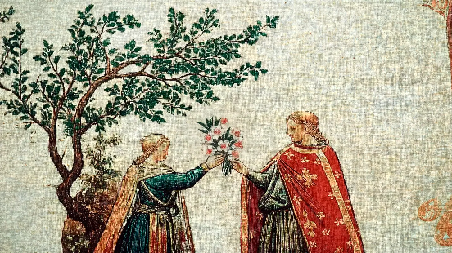 woman givin almond branches to an european knight before leaving for a journey