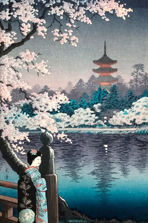 “Geisha and Cherry Tree at Ueno Park” - Tsuchiya Koitsu (1939)