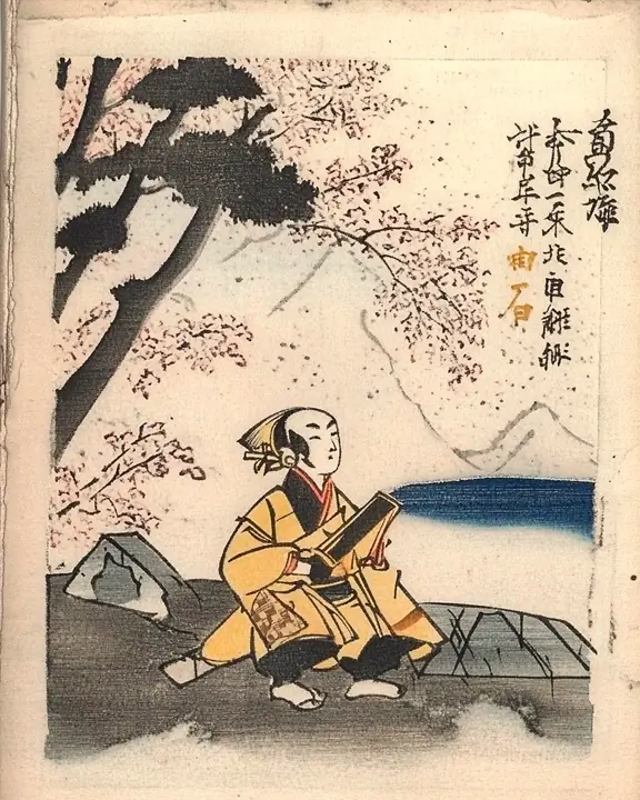 Saigyo Hoshi poet being inspirated by kanzan cherry trees