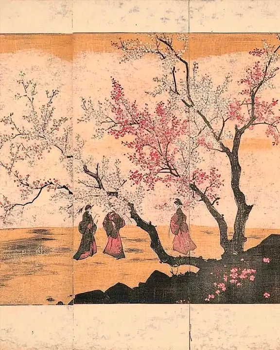 illustration of Kanzan cherry trees in Japan in the Edo period