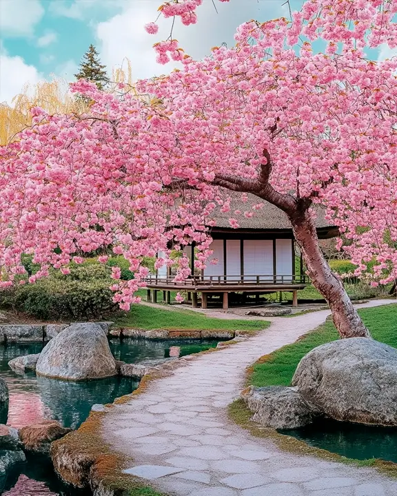kanzan cherry trees in japanese zen garden