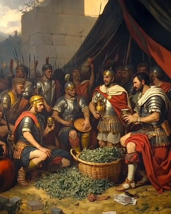 roman soldiers drinking borage beverages before battle