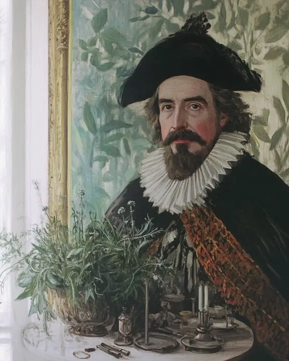 portrait of francis bacon the scientist with borage plants