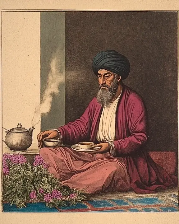 persian old man drinking borage tea in the floor