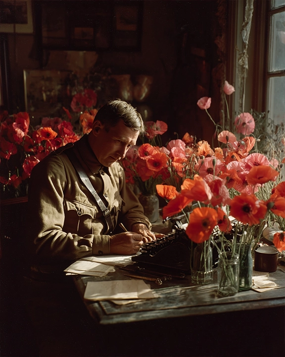 poet John McCrae writing with poppies