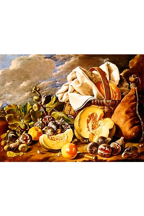 Still Life with Figs, Wicker Basket, Pumpkin, and Bread (late 18th c.) - Luis Egidio Meléndez