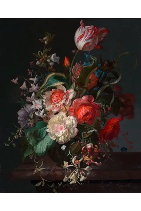 Flowers in a Glass Vase with a Tulip (1716) — Rachel Ruysch.