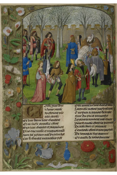The Carolle in the Garden, illuminated page from the Roman de la Rose, British Library Harley MS 4425
