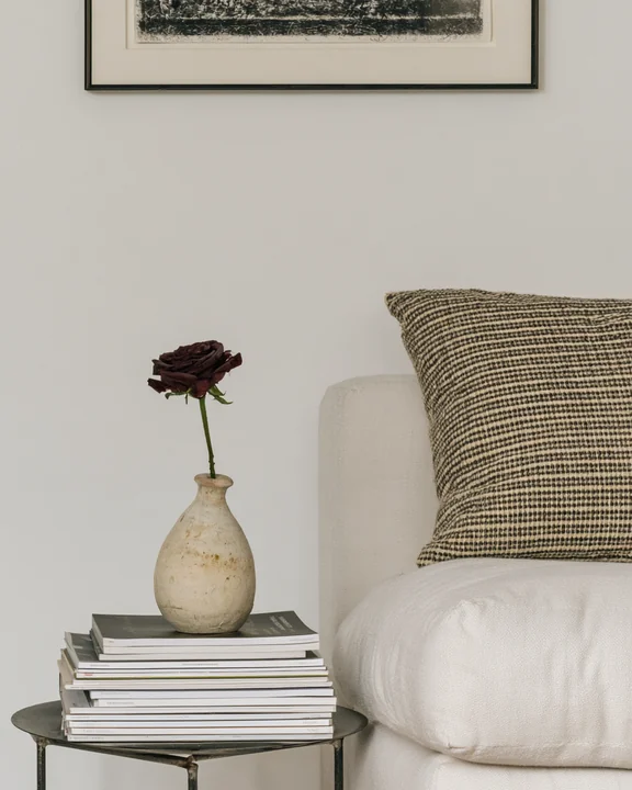 Single deep-red rose in a small clay bottle on a stack of art books on a low table