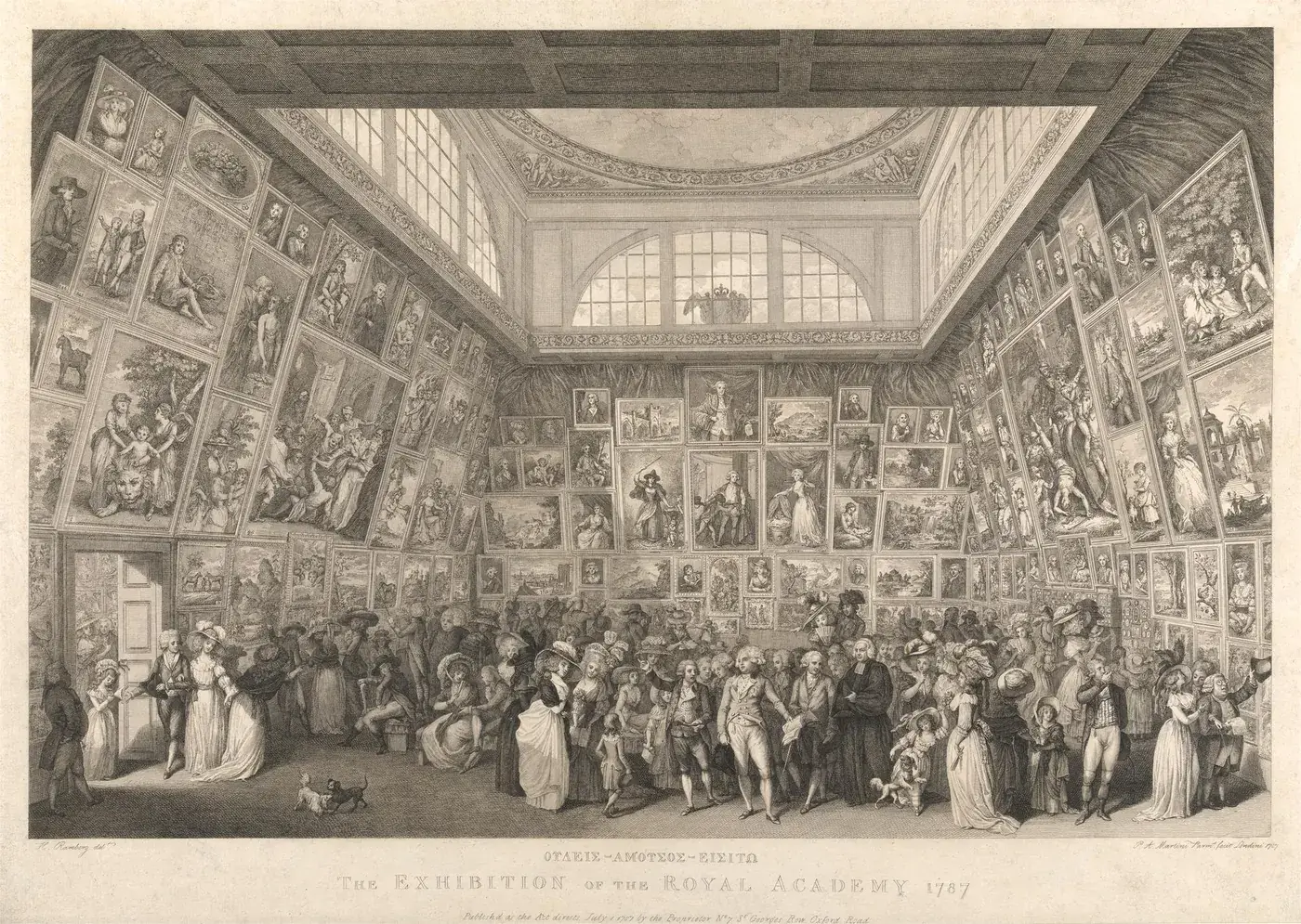 Engraving of the Royal Academy summer exhibition of 1787: a crowded room with paintings hung edge to edge from waist height up to the cornice