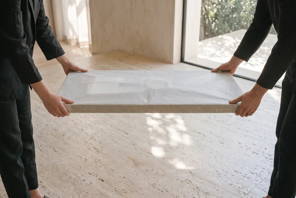 Two pairs of hands carrying a flat rectangular package wrapped in translucent glassine paper across a travertine floor