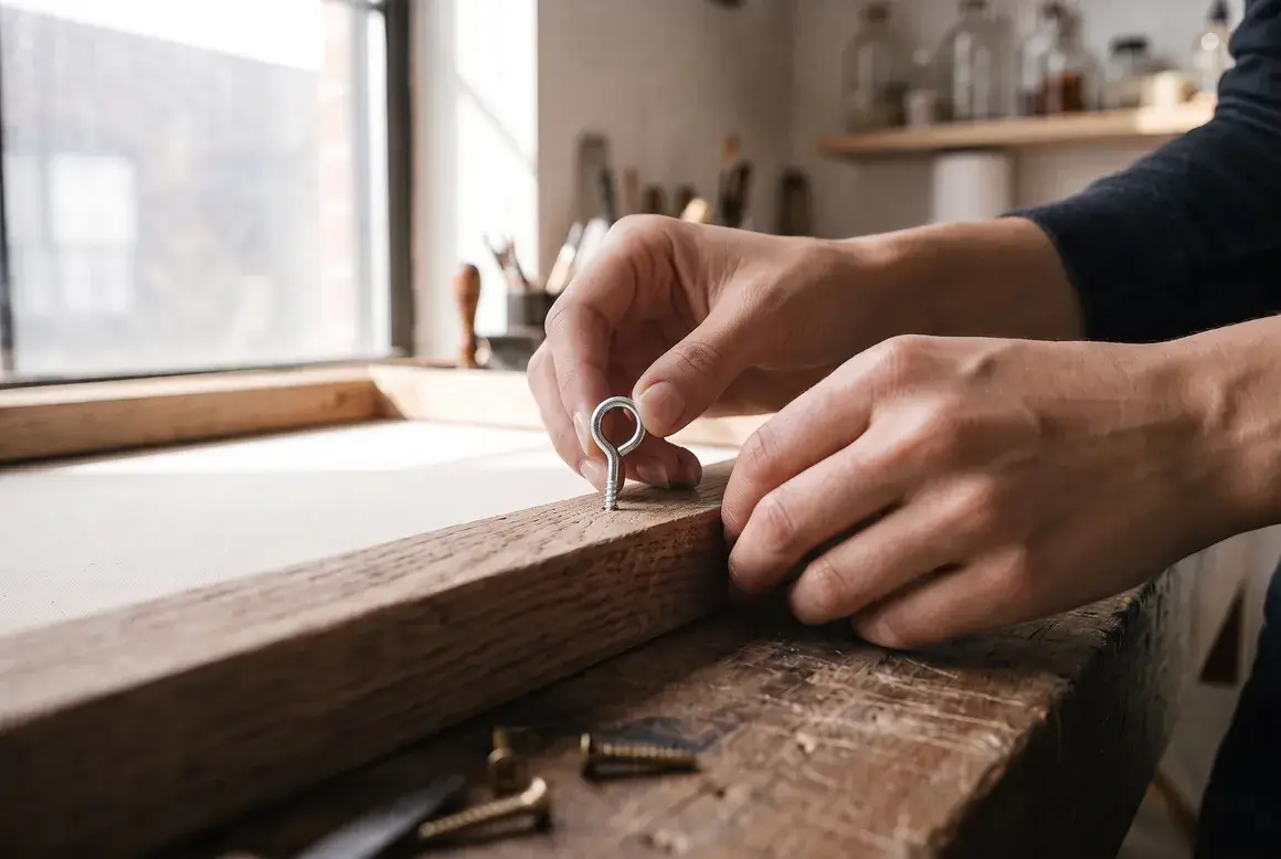 Close detail of two hands screwing a small brass ring hook into the raw oak stretcher bar on the back of a canvas resting on a workbench