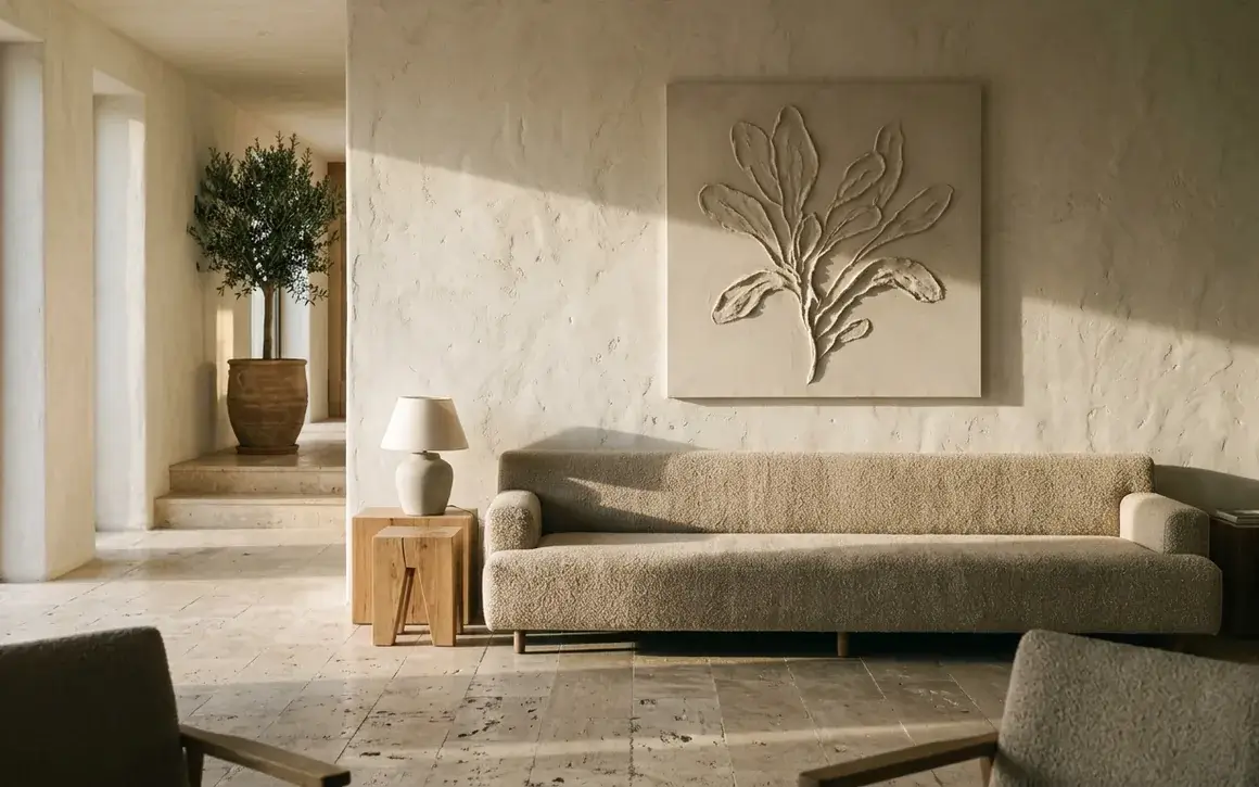 A quiet hotel lobby seen from seated height, with a single large relief on the wall behind a long low sofa