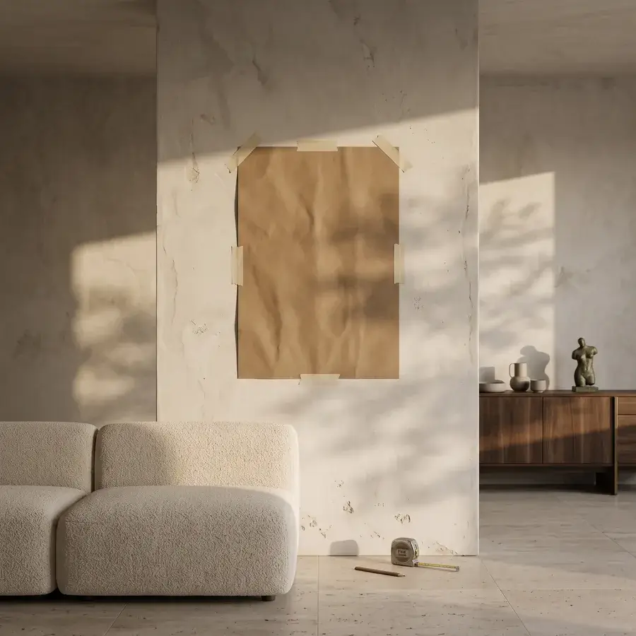 A large rectangle of brown kraft paper taped to a bare lime-wash wall above a low sofa, with a tape measure and a pencil on the floor below