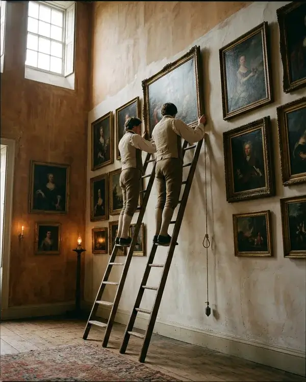 Two men on tall wooden ladders hanging a framed painting high on a wall already packed with frames, a plumb line hanging beside them