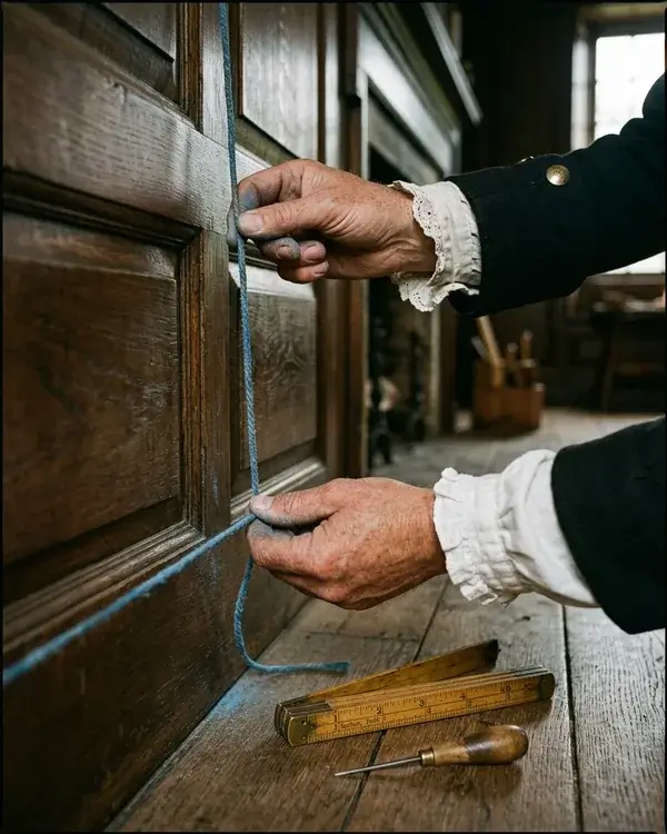 Hands in 18th-century sleeves holding a chalked string taut against a panelled wall, with a folding rule and a bradawl on the floor below