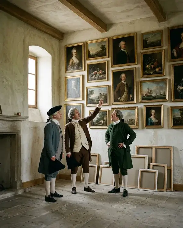 Three men in 18th-century dress standing back from a wall of paintings, one pointing upward, with unhung canvases leaning against the skirting board