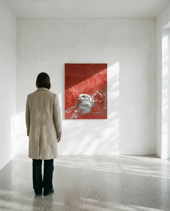 A person standing in a bare whitewashed room, seen from behind, looking at a single relief hanging on the far wall