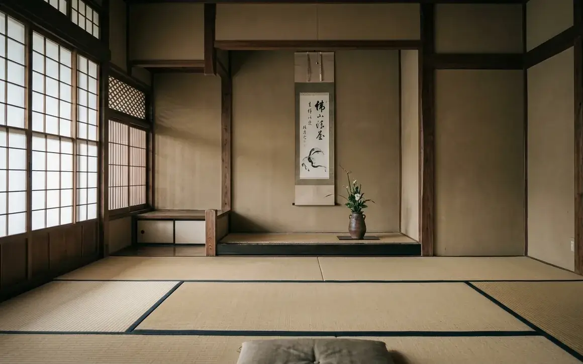A traditional Japanese tatami room seen from floor level, with a shallow tokonoma alcove holding a single hanging scroll and a flower arrangement