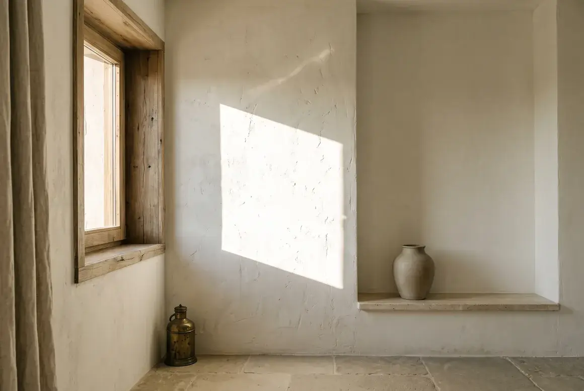 A hard-edged rectangle of direct sunlight falling across a bare lime plaster wall beside a wooden window frame