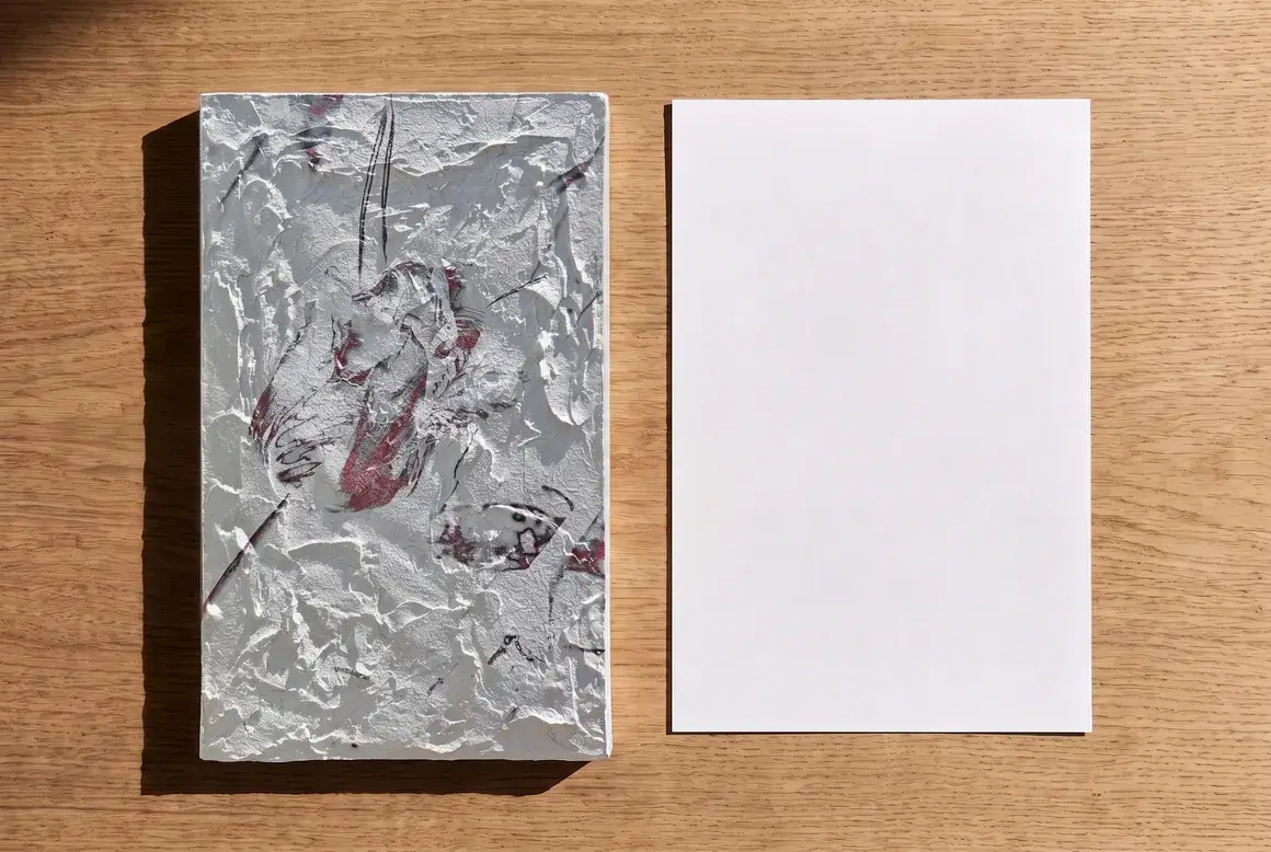 A plaster relief panel and a flat sheet of paper side by side on an oak table under hard directional side light; only the relief casts shadows across its own surface