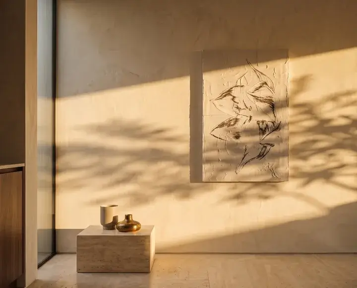 The same relief on the same wall in low golden-hour sun raking from the left, with long shadows and dappled light across the wall