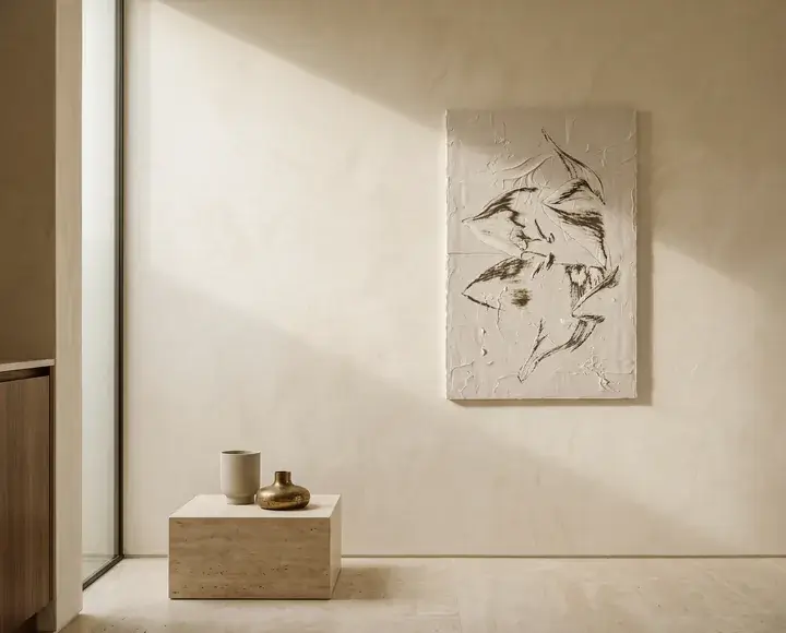 A relief hanging on a lime-wash wall under cool overcast morning light, the surface reading softly with low contrast