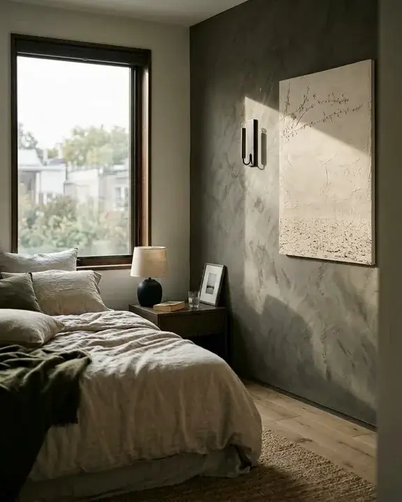 A bedroom wall beside the window rather than facing it, daylight running along the wall face and catching the relief hung there