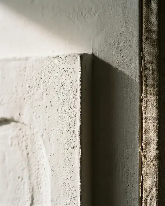 Close crop on the edge of a plaster relief panel where the grazing light stops, with the raw canvas edge visible at the side