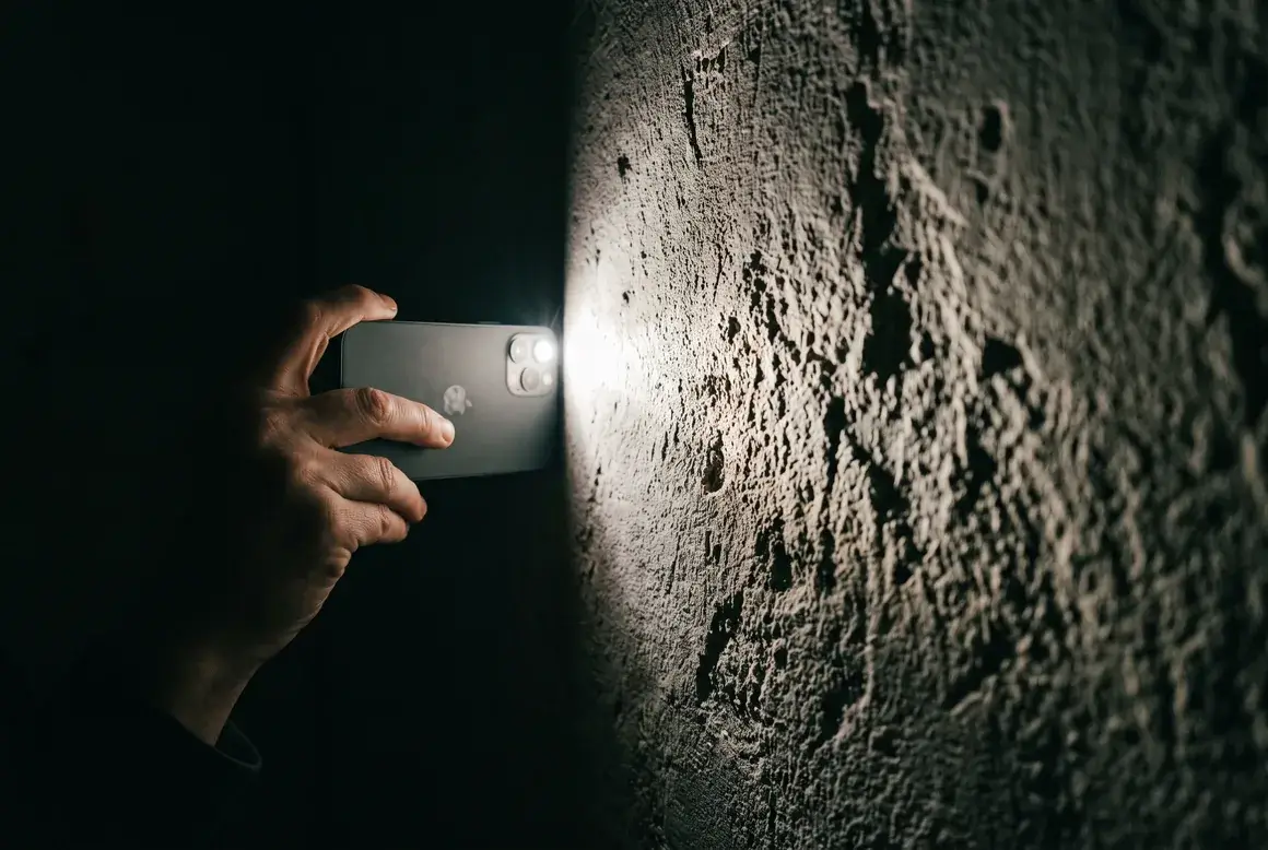 A hand holding a phone with the torch on, held almost flat against a rough plaster wall so the grazing beam makes every grain of the surface throw a long shadow