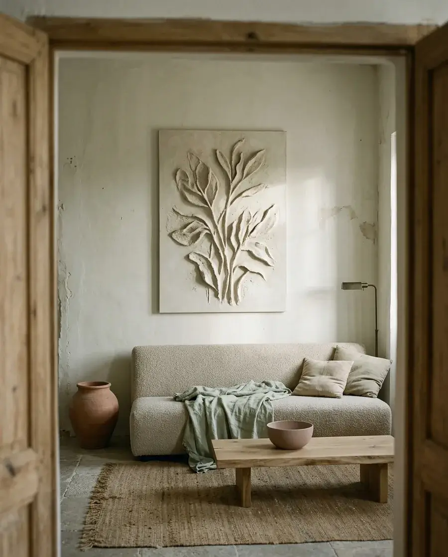 A living room seen through an old oak door frame: a tall leaf relief above a bouclé sofa on the far wall, a terracotta jar on the floor and a low oak table in front