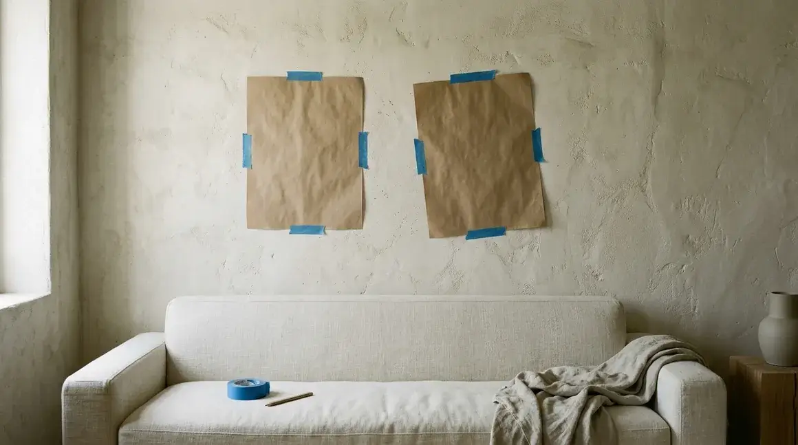 Two rectangles of brown kraft paper taped to a rough lime-wash wall above a linen sofa with blue painter's tape, one of them slightly crooked, a roll of tape and a pencil on the cushion