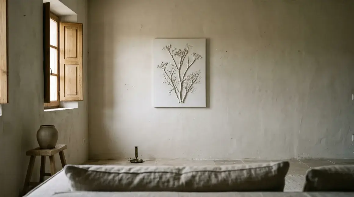 The view from a sofa: cushions out of focus along the bottom of the frame, and across the room a single white relief of a flowering branch on a lime-wash wall, lit from a shuttered window on the left