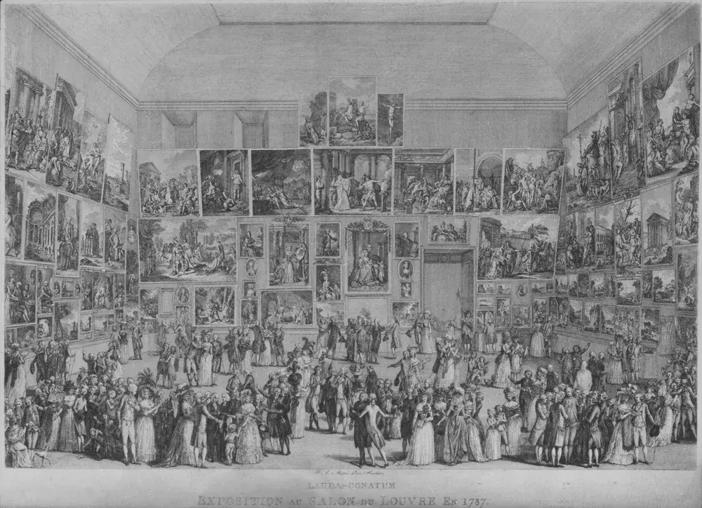 Engraving of the Paris Salon of 1787 in the Salon Carré of the Louvre: a crowded room with paintings hung frame to frame up to the cornice