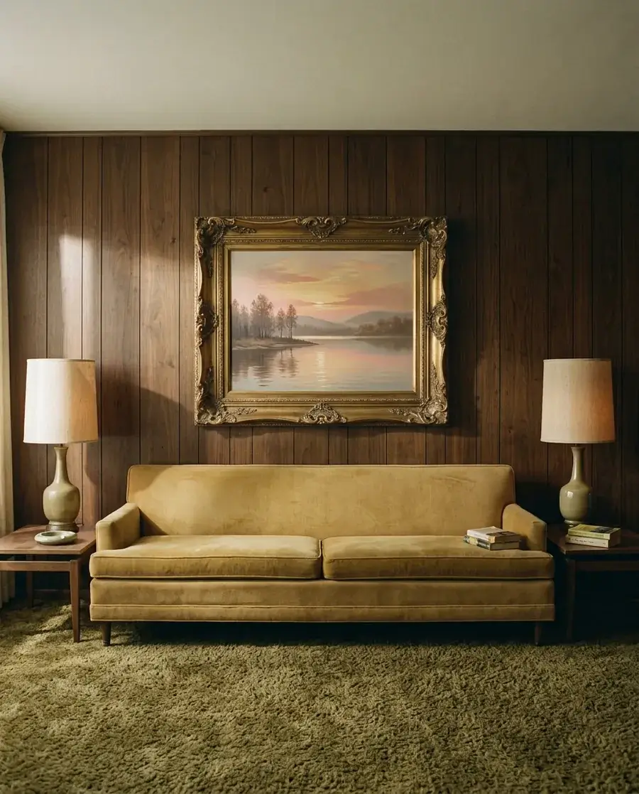 A 1970s living room: a mustard velvet sofa against wood panelling, and above it a wide lake landscape at sunset in a heavy gilt frame, sized to the sofa, with a table lamp on each side