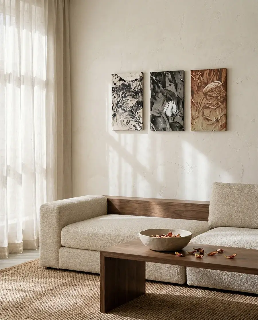 Three narrow vertical reliefs of plants hung in a row above a three-seater linen sofa, a hand's width apart, on a rough white wall with afternoon light from the left